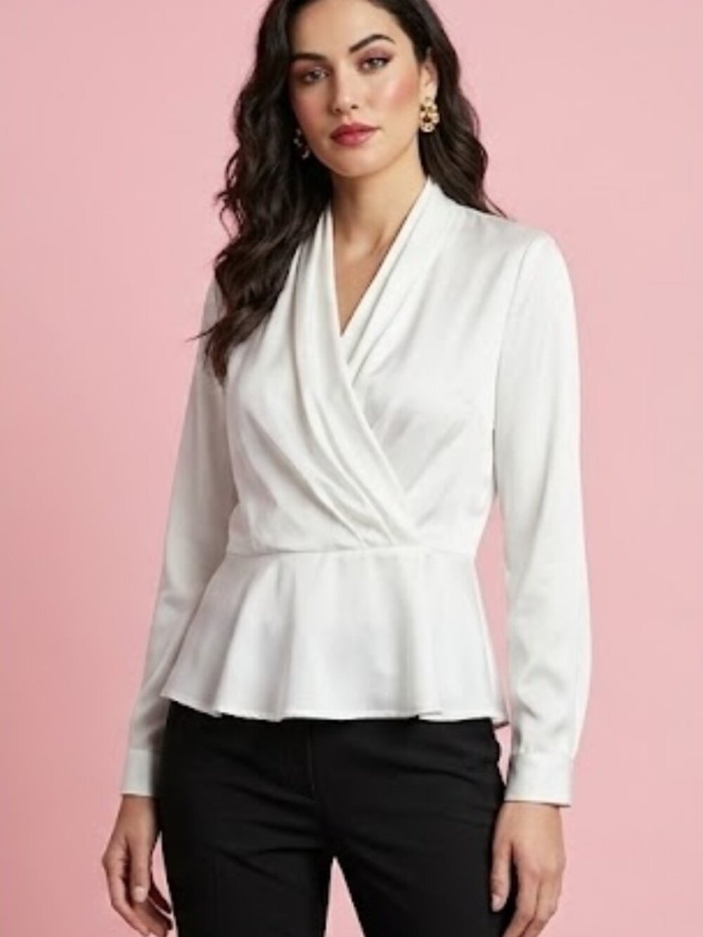 Vintage Evan Picone Petites Ivory Satin Faux Wrap Blouse Top, Size 4